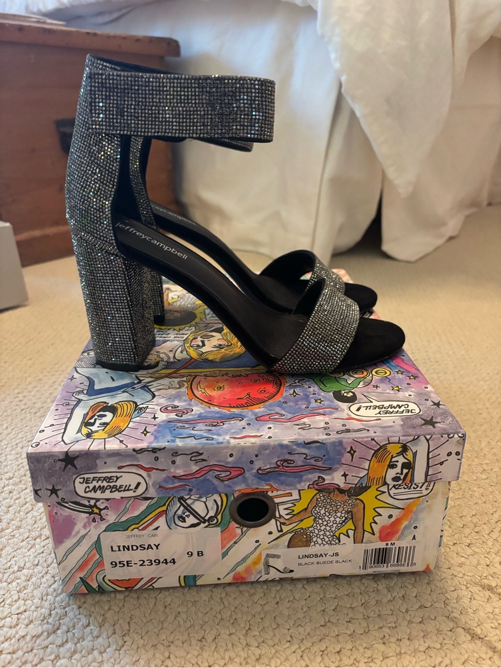 Jeffrey Campbell Silver Rhinestone Block Heel Sandals Kassidy